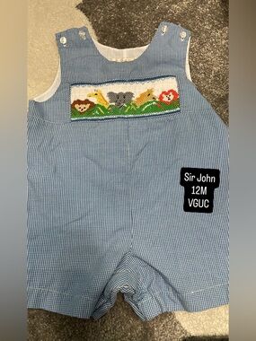 Blue Gingham Animal Smocked Boys Romper - 12M